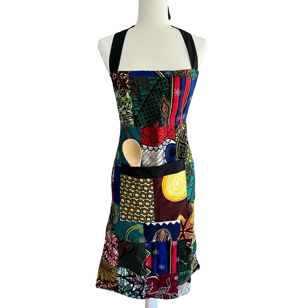 Handmade African Wax Print Patchwork Bib Apron Multicolor Kitchen Cooking Pocket